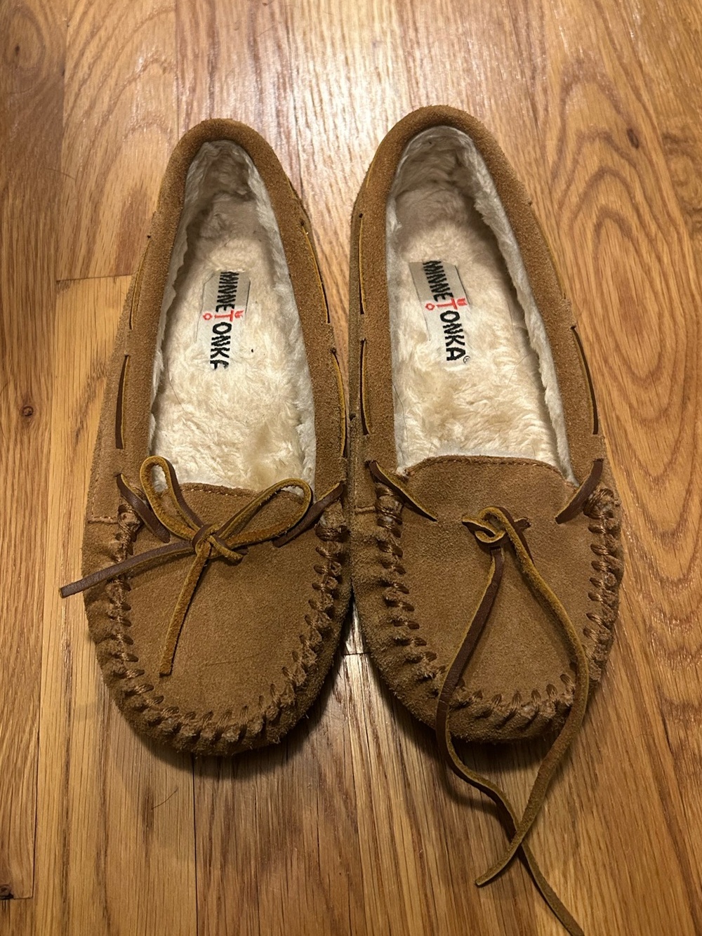 Minnetonka Chestnut Suede Moccasin Slippers with Faux Fur Lining